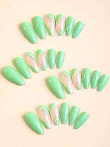 Instantly Upgrade Your Look with 24pcs Long Almond Green Solid Color Block Striped Fake Nail & 1sheet Tape & 1pc Nail File - Multicolor - View 4