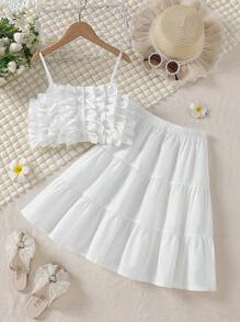 Girls 1pc Ruffle Trim Cami Top & 1pc Layered Hem Skirt Set - White - View 1
