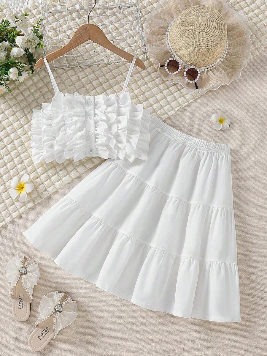 Girls 1pc Ruffle Trim Cami Top & 1pc Layered Hem Skirt Set - White - View 1
