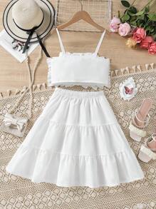 Girls 1pc Ruffle Trim Cami Top & 1pc Layered Hem Skirt Set - White - View 2