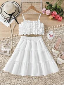 Girls 1pc Ruffle Trim Cami Top & 1pc Layered Hem Skirt Set - White - View 5