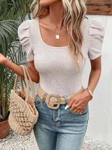 SHEIN Frenchy 泡泡袖大圓領T恤 - 杏色 - 查看 3