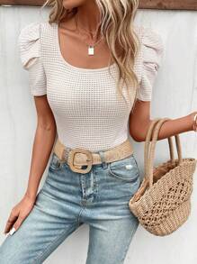 SHEIN Frenchy 泡泡袖大圓領T恤 - 杏色 - 查看 5