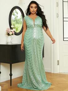 seomiscky Plus Mesh Panel Sequin Formal Dress - Mint Green - View 1