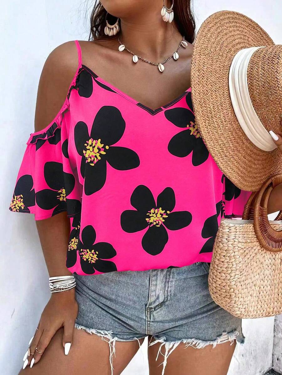 SHEIN Holidaya Plus Floral Print Cold Shoulder Blouse - Hot Pink - View 1