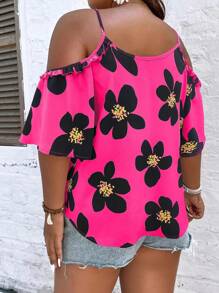 SHEIN Holidaya Plus Floral Print Cold Shoulder Blouse - Hot Pink - View 2
