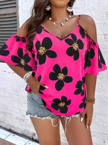 SHEIN Holidaya Plus Floral Print Cold Shoulder Blouse - Hot Pink - View 3