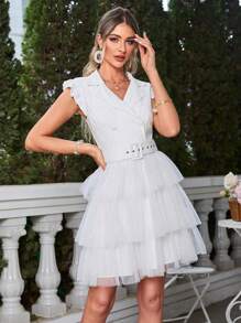Simplee Lapel Neck Mesh Hem Dress - White - View 1