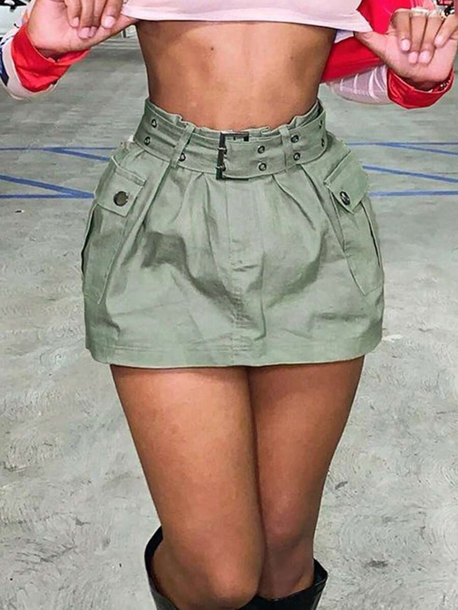 Solid Flap Pocket Plicated Detail Belted Skirt