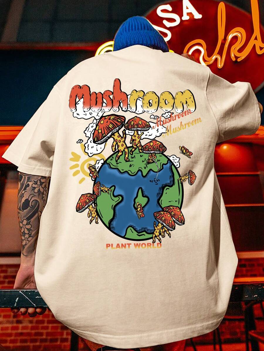 Manfinity LEGND Men T-Shirts Fit Crew Neck Short Sleeve Graphic Tee Earth Summer Polyester - Khaki - View 1