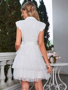 Simplee Lapel Neck Mesh Hem Dress - White - View 2