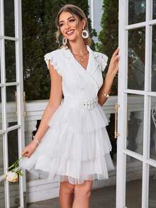 Simplee Lapel Neck Mesh Hem Dress - White - View 3