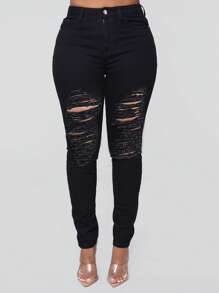 Quần jean nữ Túi Bị tách Dây kéo màu trơn - màu đen - Xem 1