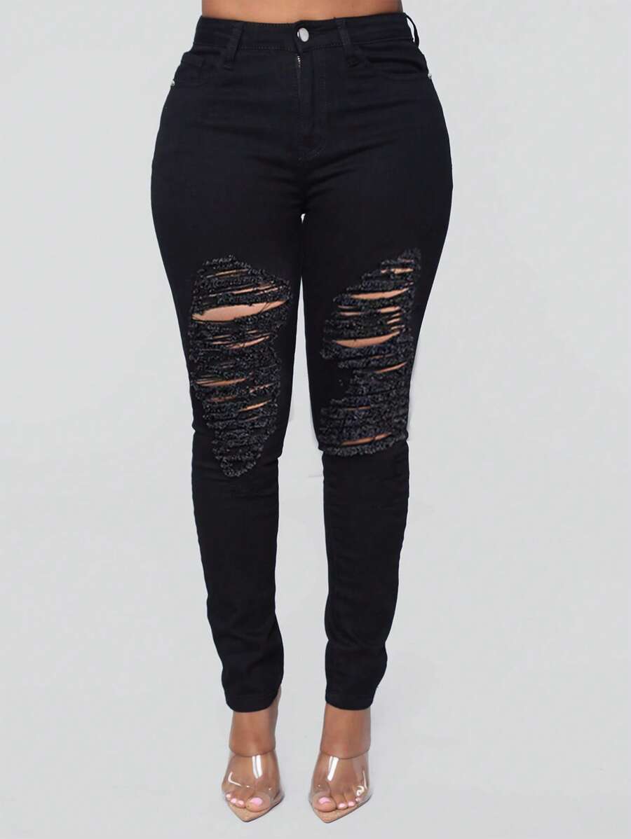 Quần jean nữ Túi Bị tách Dây kéo màu trơn - màu đen - Xem 1