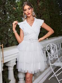 Simplee Lapel Neck Mesh Hem Dress - White - View 6