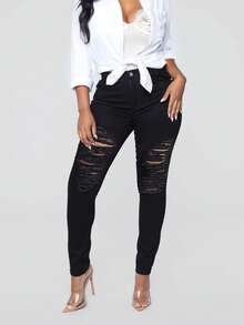 Quần jean nữ Túi Bị tách Dây kéo màu trơn - màu đen - Xem 4