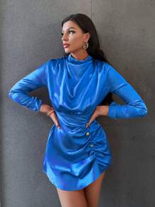 SHEIN BAE Mock Neck Ruched Front Dress - Blue - View 1