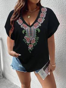 SHEIN LUNE Plus Floral Print Batwing Sleeve Blouse - Black - View 3