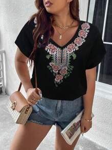 SHEIN LUNE Plus Floral Print Batwing Sleeve Blouse - Black - View 1