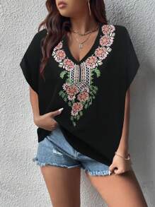 SHEIN LUNE Plus Floral Print Batwing Sleeve Blouse - Black - View 4