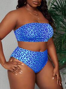 SHEIN Swim Curve Plus Size Leopard Print Bandeau Bikini Set Summer Beach - Blue - View 4