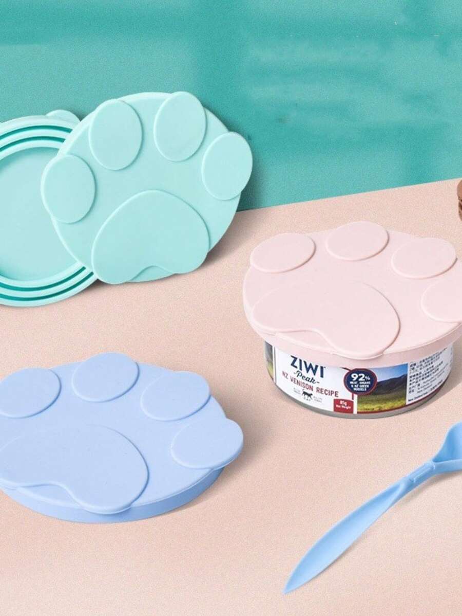 1pc Plastic Solid Color Paw Design Pet Can Lid For Cat And Dog For Food Preservation - Blue - View 1