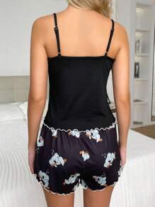 Koala Print Salad Trim Cami Top & Short PJ Set / Pyjama Set - màu đen - Xem 2