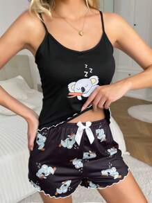 Koala Print Salad Trim Cami Top & Short PJ Set / Pyjama Set - màu đen - Xem 5