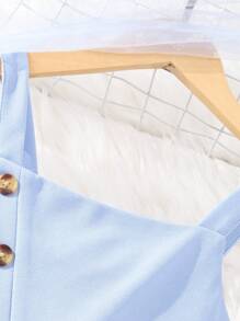 女孩紐扣細節背帶連身褲 - 藍色 - 查看 3