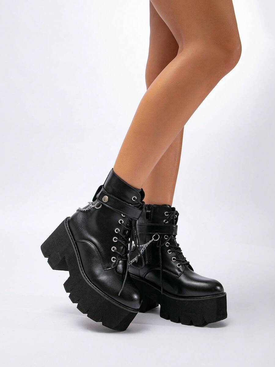 Giày bốt chiến đấu có gót chunky trang trí dây chuyền cho nữ, bốt ngoài trời Punk - màu đen - Xem 1