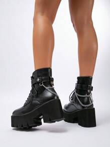 Giày bốt chiến đấu có gót chunky trang trí dây chuyền cho nữ, bốt ngoài trời Punk - màu đen - Xem 2
