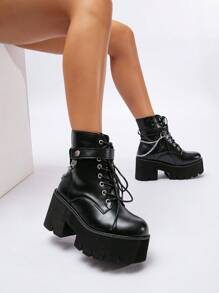 Giày bốt chiến đấu có gót chunky trang trí dây chuyền cho nữ, bốt ngoài trời Punk - màu đen - Xem 3
