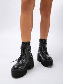 Giày bốt chiến đấu có gót chunky trang trí dây chuyền cho nữ, bốt ngoài trời Punk - màu đen - Xem 4