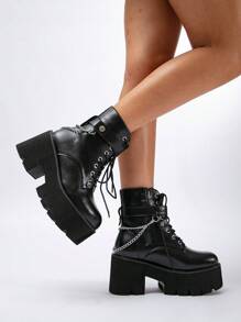 Giày bốt chiến đấu có gót chunky trang trí dây chuyền cho nữ, bốt ngoài trời Punk - màu đen - Xem 5