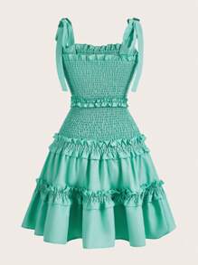 SHEIN MOD 肩上打結褶邊吊帶連衣裙 - 綠色 - 查看 2