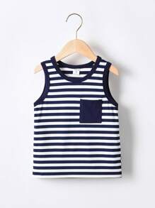 SHEIN 小男童條紋印花口袋貼布背心上衣 - 藍白色 - 查看 1