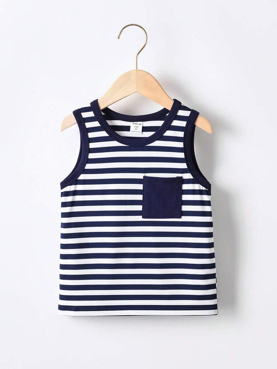 SHEIN 小男童條紋印花口袋貼布背心上衣 - 藍白色 - 查看 1