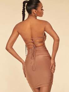 SHEIN BAE 素色褶邊抹胸緊身連衣裙 - 卡其色 - 查看 2