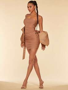 SHEIN BAE 素色褶邊抹胸緊身連衣裙 - 卡其色 - 查看 5