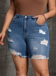 大碼高腰破洞毛邊牛仔短褲 - 中等水洗藍 - 查看 3