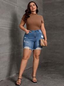 大碼高腰破洞毛邊牛仔短褲 - 中等水洗藍 - 查看 5