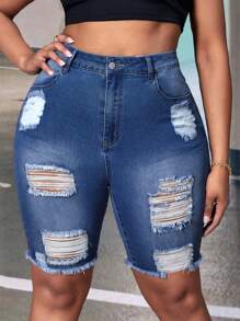 Plus High Waist Ripped Raw Hem Denim Shorts - Dark Wash - View 1