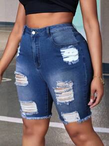 Plus High Waist Ripped Raw Hem Denim Shorts - Dark Wash - View 5