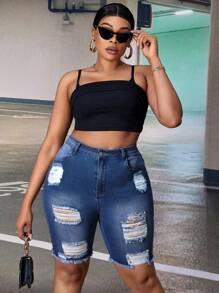 Plus High Waist Ripped Raw Hem Denim Shorts - Dark Wash - View 6