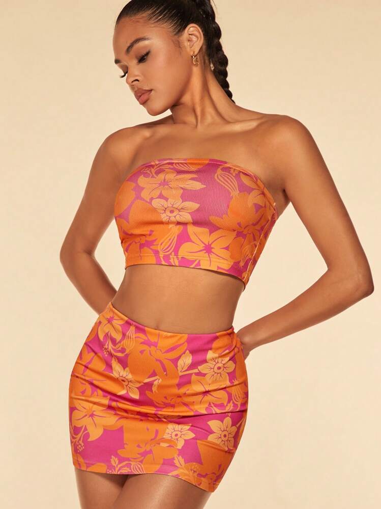 SHEIN BAE Floral Print Tube Top & Bodycon Skirt - Multicolor - View 1
