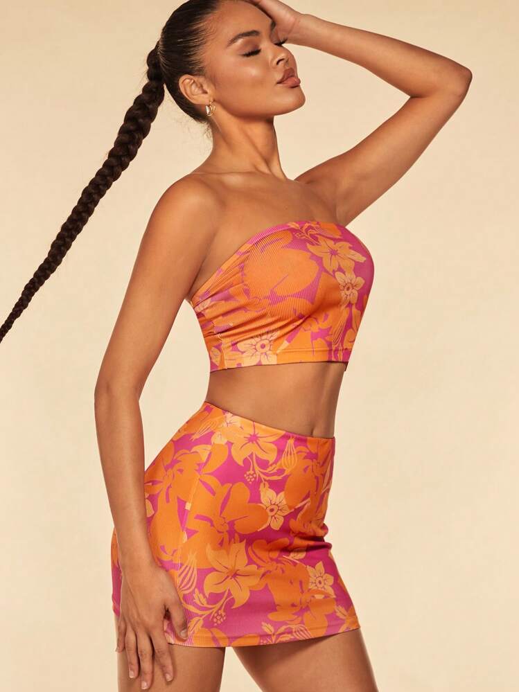 SHEIN BAE Floral Print Tube Top & Bodycon Skirt - Multicolor - View 4
