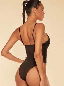 SHEIN BAE Lace Insert Bustier Cami Bodysuit - Black - View 2