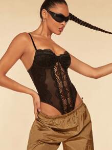 SHEIN BAE Lace Insert Bustier Cami Bodysuit - Black - View 7