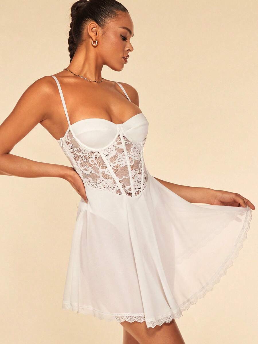 SHEIN BAE Đầm Lộ Lưng Tương phản ren Chi tiết cốc màu trơn Gợi cảm - trắng - Xem 1