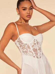 SHEIN BAE Đầm Lộ Lưng Tương phản ren Chi tiết cốc màu trơn Gợi cảm - trắng - Xem 5